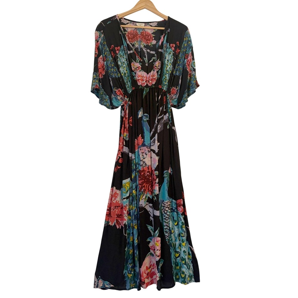 World Market Maxi Kaftan Dress S/M Boho Peacock Floral Coverup Resort Vacation